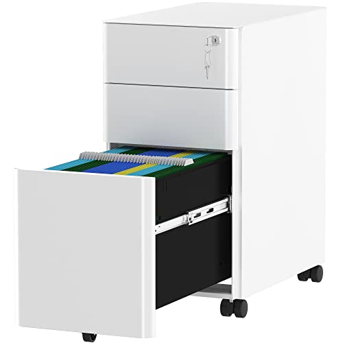 YITAHOME Rollcontainer, Abschließbar Rollcontainer mit 3 Schubladen, Metall Mobiler Aktenschrank Büroschrank mit Rollen für A4, Legal, Letter Home-Office, Hängeregistratur, Weiß, 46 x 30 x 59cm von YITAHOME