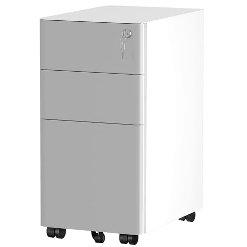 YITAHOME Rollcontainer mit 3 Schubladen, Metall Abschließbar Aktenschrank für A4, Legal, Letter, Mobiler Büroschrank mit Rollen für Home-Office, Hängeregistratur, 45 x 30 x 61cm, Weiß + Grau von YITAHOME