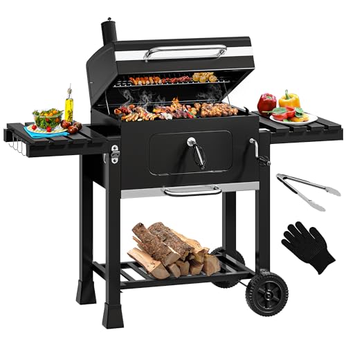 YITAHOME XXL Holzkohlegrill BBQ Smoker Grillwagen mit Deluxe Gusseisenrost & Emaille-Kohlenstoffpfanne, Thermometer, Standgrill für Party, Camping, Garten, inkl. Küchenzange und Handschuh von YITAHOME