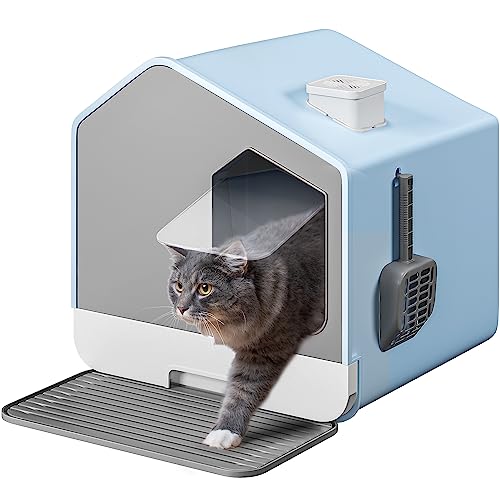 YITAHOME XXL katzenklo mit Deckel, 44x40x 45cm, Häuschen-Design katzentoilette mit Streumatte & Schaufel, Einfache Schubladen-Reinigung, Hohe Kanten Cat Litter Box (Blau) von YITAHOME