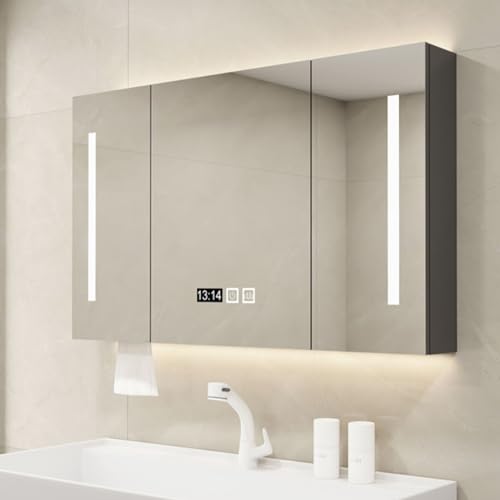 Badezimmerschrank hängend mit LED Leuchten badezimmer spiegelschrank mit beleuchtung spiegelschrank bad mit Entnebelung beleuchtung Intelligente,Entnebelung Loch zur Papierentnahme,Zeitanzeige ( Color von YITAYMLI