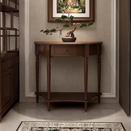 Halbmond-Konsolentisch aus Massivholz,Retro-Sofa-Konsolentisch mit Schublade,halbkreisförmiger Akzenttisch für Wohnzimmer,abgerundete Ecken,geräuschlose Bodenschoner(Dark Walnut,35.4*15*34.4in) von YITAYMLI