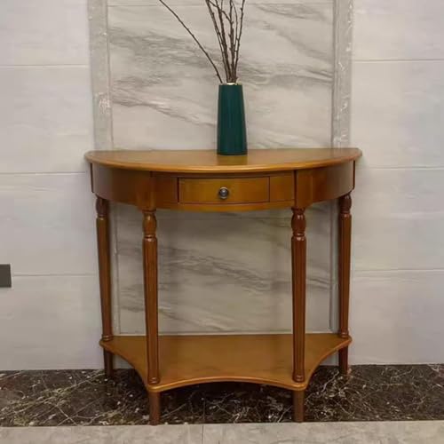 Halbmond-Konsolentisch aus Massivholz,Retro-Sofa-Konsolentisch mit Schublade,halbkreisförmiger Akzenttisch für Wohnzimmer,abgerundete Ecken,geräuschlose Bodenschoner(Light Walnut,35.4*15*34.4in) von YITAYMLI