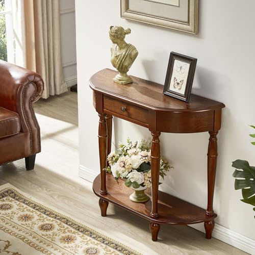 Vintage-Halbmond-Sofa-Konsolentisch mit Schublade, Akzenttisch aus Massivholz für Wohnzimmer mit Ablage, traditionelles dekoratives Möbelstück für Flur und Diele(Walnut,100cm/39.4in) von YITAYMLI