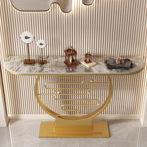 YITAYMLI Halbmond-Akzent Konsole für den Eingangsbereich, Kratzfeste Schieferplatte, Moderne rechteckige Flur-Sofatisch im mit kreativem Metallgestell, für Wohnzimmer(Gold A,120cm/47.2in) von YITAYMLI