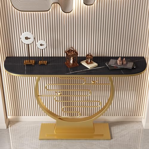 YITAYMLI Halbmond-Akzent Konsole für den Eingangsbereich, Kratzfeste Schieferplatte, Moderne rechteckige Flur-Sofatisch im mit kreativem Metallgestell, für Wohnzimmer(Gold C,100cm/39.4in) von YITAYMLI
