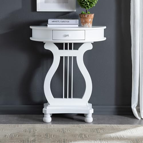 YITAYMLI Halbmond-Konsole aus Massivholz, Saitenform, Halbkreis-Akzenttisch mit Schublade, Elegante Vintage-Schmalflur-Möbel für Wohnzimmer und Schlafzimmer(White) von YITAYMLI