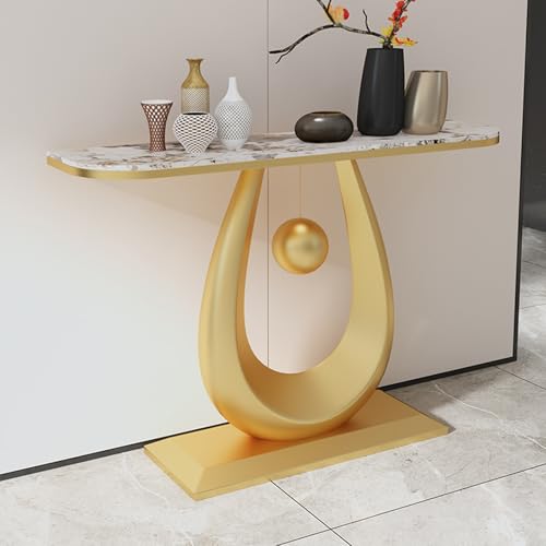 YITAYMLI Moderne Halbmond-Konsole mit Steintischplatte, Schmaler Tisch hinter dem Sofa mit verstärktem Metallgestell, Abgerundete Kanten, Kreative Flurmöbel für Wohnzimmer(GoldB,150CM/59IN) von YITAYMLI