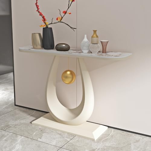YITAYMLI Moderne Halbmond-Konsole mit Steintischplatte, Schmaler Tisch hinter dem Sofa mit verstärktem Metallgestell, Abgerundete Kanten, Kreative Flurmöbel für Wohnzimmer(WhiteB,80CM/31.5IN) von YITAYMLI