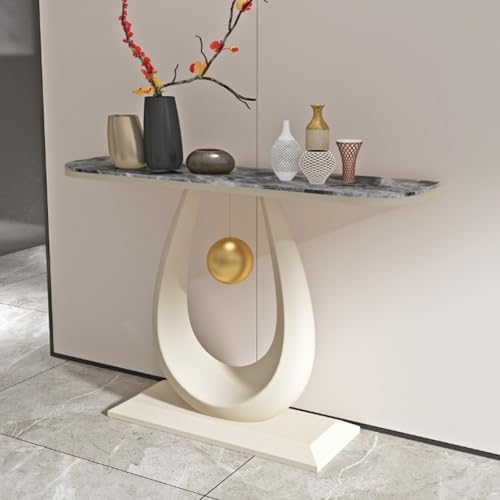 YITAYMLI Moderne Halbmond-Konsole mit Steintischplatte, Schmaler Tisch hinter dem Sofa mit verstärktem Metallgestell, Abgerundete Kanten, Kreative Flurmöbel für Wohnzimmer(WhiteC,80CM/31.5IN) von YITAYMLI