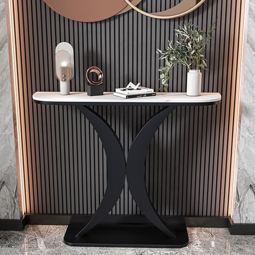 YITAYMLI Moderne Konsolentisch Halbmond 30 cm Breit,Eleganter Sofatisch mit Steinplatte im Italienischen Stil, Kratzfest, Stabiler Metallrahmen, Für Flur oder Eingangsbereich(Black A,100cm/39.4in) von YITAYMLI