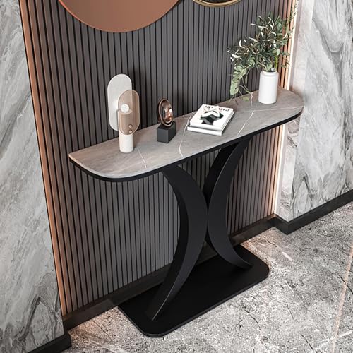 YITAYMLI Moderne Konsolentisch Halbmond 30 cm Breit,Eleganter Sofatisch mit Steinplatte im Italienischen Stil, Kratzfest, Stabiler Metallrahmen, Für Flur oder Eingangsbereich(Black C,150cm/59in) von YITAYMLI