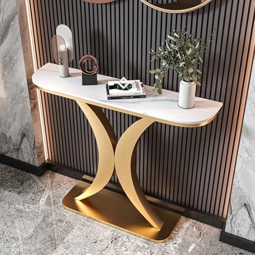 YITAYMLI Moderne Konsolentisch Halbmond 30 cm Breit,Eleganter Sofatisch mit Steinplatte im Italienischen Stil, Kratzfest, Stabiler Metallrahmen, Für Flur oder Eingangsbereich(Gold A,80cm/31.5in) von YITAYMLI