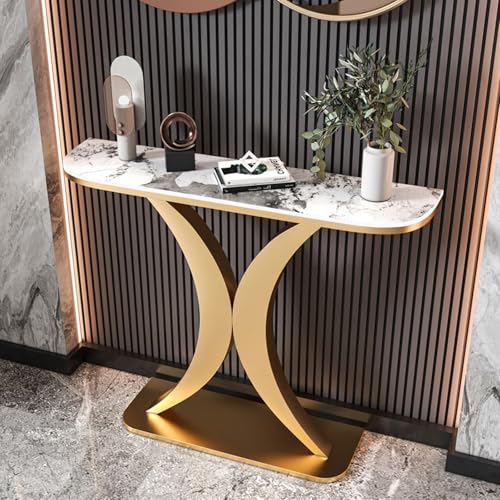 YITAYMLI Moderne Konsolentisch Halbmond 30 cm Breit,Eleganter Sofatisch mit Steinplatte im Italienischen Stil, Kratzfest, Stabiler Metallrahmen, Für Flur oder Eingangsbereich(Gold B,100cm/39.4in) von YITAYMLI