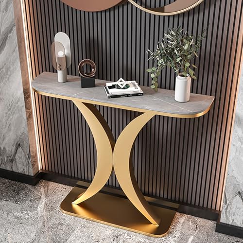 YITAYMLI Moderne Konsolentisch Halbmond 30 cm Breit,Eleganter Sofatisch mit Steinplatte im Italienischen Stil, Kratzfest, Stabiler Metallrahmen, Für Flur oder Eingangsbereich(Gold C,100cm/39.4in) von YITAYMLI