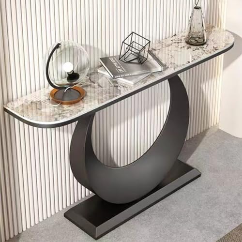 YITAYMLI Moderne Konsolentisch mit Schieferplatte Kratzfest, Halbmond-Konsolentisch schmal für Flur, Akzent-Displaymöbel, runder Metallfuß und edler Schiefer, für Wohnzimmer(Black+Brown,150cm/59in) von YITAYMLI