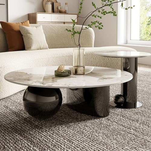 YITAYMLI Moderner runder Couchtisch aus Marmorimitat, 2er-Set, Mid-Century Beistelltisch mit kugelförmigem Metallfuß, luxuriöse verschachtelte abstrakte Akzentmöbel(Black,36"+20") von YITAYMLI