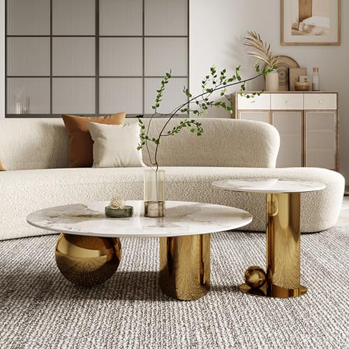 YITAYMLI Moderner runder Couchtisch aus Marmorimitat, 2er-Set, Mid-Century Beistelltisch mit kugelförmigem Metallfuß, luxuriöse verschachtelte abstrakte Akzentmöbel(Gold,32"+20") von YITAYMLI