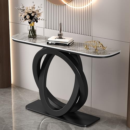YITAYMLI Moderner schmaler Halbmond-Konsolentisch für den Eingangsbereich, Schieferplatte, Langer Akzenttisch hinter dem Sofa mit geometrischem Metallfuß,für das Wohnzimmer(Black B,150cm/59in) von YITAYMLI