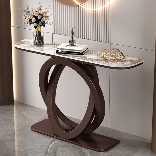 YITAYMLI Moderner schmaler Halbmond-Konsolentisch für den Eingangsbereich, Schieferplatte, Langer Akzenttisch hinter dem Sofa mit geometrischem Metallfuß,für das Wohnzimmer(Bronze A,150cm/59in) von YITAYMLI