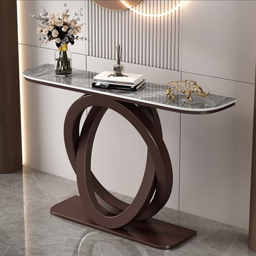 YITAYMLI Moderner schmaler Halbmond-Konsolentisch für den Eingangsbereich, Schieferplatte, Langer Akzenttisch hinter dem Sofa mit geometrischem Metallfuß,für das Wohnzimmer(Bronze B,150cm/59in) von YITAYMLI