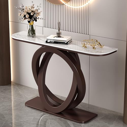 YITAYMLI Moderner schmaler Halbmond-Konsolentisch für den Eingangsbereich, Schieferplatte, Langer Akzenttisch hinter dem Sofa mit geometrischem Metallfuß,für das Wohnzimmer(Bronze C,80cm/31.5in) von YITAYMLI