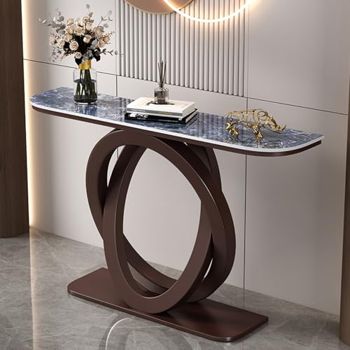 YITAYMLI Moderner schmaler Halbmond-Konsolentisch für den Eingangsbereich, Schieferplatte, Langer Akzenttisch hinter dem Sofa mit geometrischem Metallfuß,für das Wohnzimmer(Bronze D,80cm/31.5in) von YITAYMLI