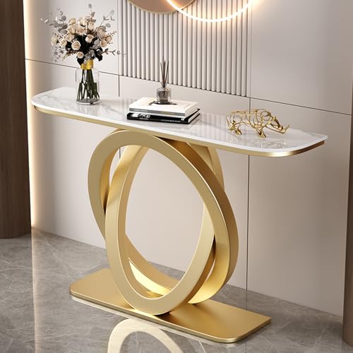 YITAYMLI Moderner schmaler Halbmond-Konsolentisch für den Eingangsbereich, Schieferplatte, Langer Akzenttisch hinter dem Sofa mit geometrischem Metallfuß,für das Wohnzimmer(Gold C,150cm/59in) von YITAYMLI