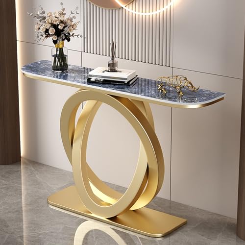 YITAYMLI Moderner schmaler Halbmond-Konsolentisch für den Eingangsbereich, Schieferplatte, Langer Akzenttisch hinter dem Sofa mit geometrischem Metallfuß,für das Wohnzimmer(Gold D,150cm/59in) von YITAYMLI