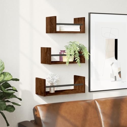 YITHOPI 3-TLG. Wandregal-Set mit Stangen Braun Eiche Holzwerkstoff Schweberegal Schwebendes Wandregal für Küche Wohnzimmer von YITHOPI