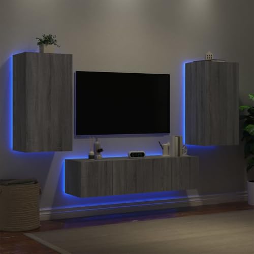 YITHOPI 4-TLG. Wohnwand mit LED-Beleuchtung Grau Sonoma Holzwerkstoff Fernsehtisch TV Sideboard für Wohnzimmer Empfangsraum von YITHOPI