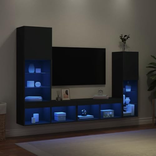 YITHOPI 4-TLG. Wohnwand mit LED-Beleuchtung Schwarz Holzwerkstoff Medienschrank Fernsehschrank für Arbeitszimmer Büro von YITHOPI