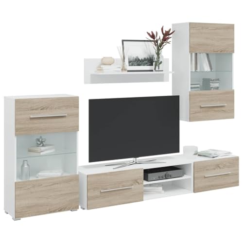 YITHOPI 5-TLG. Wohnwand mit LED-Beleuchtung Sonoma-Eiche Holzwerkstoff Konsole Fernsehschrank für Arbeitszimmer Empfangsraum von YITHOPI