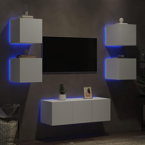 YITHOPI 6-TLG. Wohnwand mit LED-Beleuchtung Weiß Holzwerkstoff TV Regal Fernsehtisch für Schlafzimmer Empfangsraum von YITHOPI