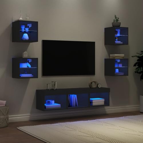 YITHOPI 7-TLG. Wohnwand mit LED-Beleuchtung Schwarz Holzwerkstoff TV Schrank Fernsehschrank für Schlafzimmer Arbeitszimmer von YITHOPI