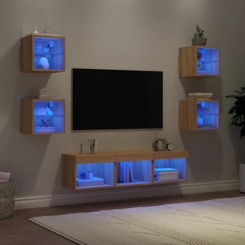 YITHOPI 7-TLG. Wohnwand mit LED-Beleuchtung Sonoma-Eiche Holzwerkstoff Fernsehtisch TV Sideboard für Büro Schlafzimmer von YITHOPI