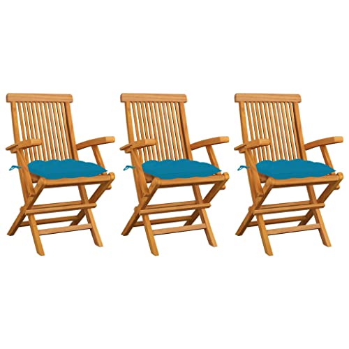 YITHOPI Gartenstühle mit Hellblauen Kissen 3 STK. Massivholz Teak Gartenbestuhlung Terrassenmöbel für Rasenflächen von YITHOPI