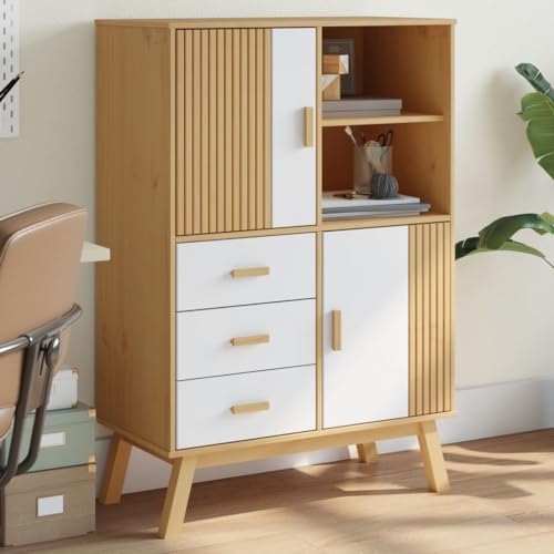 YITHOPI Highboard Olden Weiß und Braun Schlafzimmerschrank für Schlafzimmer Diele 85x43x125 cm Massivholz Kiefer von YITHOPI