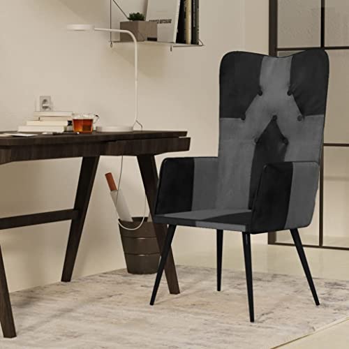 YITHOPI Ohrensessel Schwarz und Grau Echtleder Wartezimmerstuhl Küchenstuhl für Schlafzimmer Wohnzimmer von YITHOPI