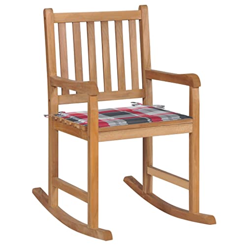 YITHOPI Schaukelstuhl mit Rotem Karomuster-Kissen Massivholz Teak Outdoor-Stühle Gartenbestuhlung für Terrassen von YITHOPI