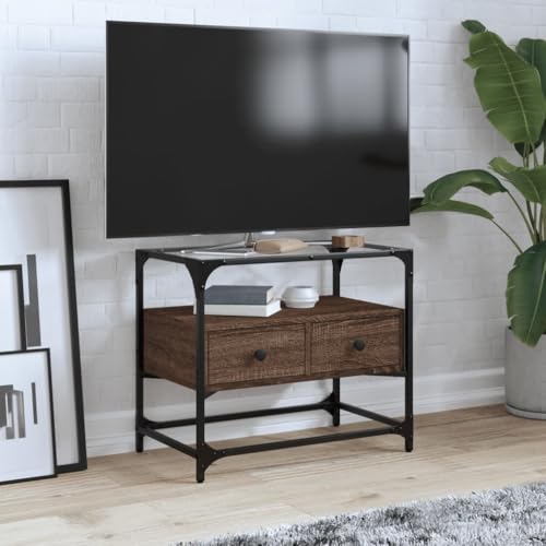 YITHOPI TV-Schrank mit Glasplatte Braun Eiche Wohnzimmerschrank Konsole für Arbeitszimmer Empfangsraum 60x35x51 cm Holzwerkstoff von YITHOPI