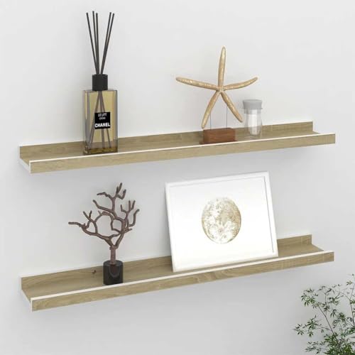 YITHOPI Wandregale 2 STK. Weiß und Sonoma-Eiche Regal für Deko Schweberegal für Bad Schlafzimmer 60x9x3 cm von YITHOPI