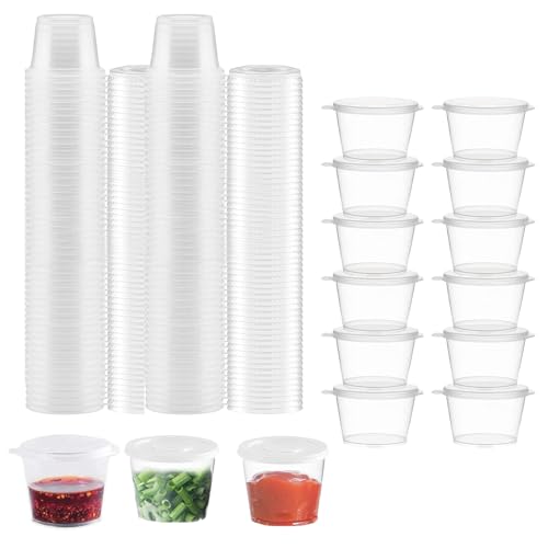 100 Stück Saucenbecher aus Kunststoff, 25 ml, Kunststoffbehälter mit Deckel, runder Behälter für Soßen, Weiß, transparent, Kunststoff, zur Aufbewahrung von Snacks, Cremes von YITULOU