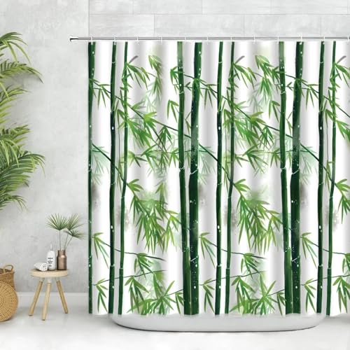 YIUEYI Duschvorhang aus grünem Bambusstoff mit Haken, minimalistischer Stil, weißes Dekor, kreative Heimdekoration, Badezimmer-Vorhänge-Set, 120 x 210 cm (B x H) von YIUEYI