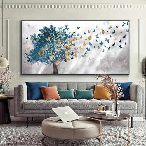 YIUEYI Moderne nordische blaue Baum-Schmetterlings-Leinwandmalerei, Wandkunst, Poster und Drucke, Wandbilder für Wohnzimmer, Heimwanddekoration, 40 x 80 Zoll - 100 x 200 cm, mit Rahmen von YIUEYI