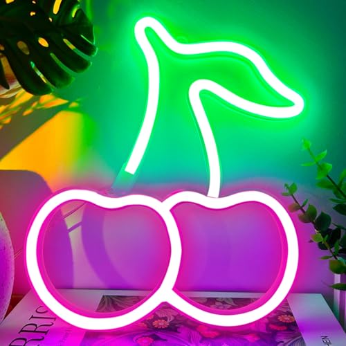YIVIYAR Kirsche Neon Wandleuchte LED Zeichen für Schlafzimmer - Rosa Neon Licht 3*AA Batterie/USB Power - Pink Kirsche LED für Home D von YIVIYAR