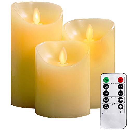 LED Kerzen,Flammenlose Kerzen 4/5/6inch Set aus 3 Echtwachs mit realistischen tanzenden LED Flammen und 10-Tasten Fernbedienung mit 2/4/6/8-Stunden Timer,300+ StundenYIWER (Elfenbein, 3×1) von YIWER