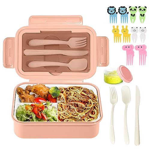 YIWONFU Brotdose mit 3 Fächern 1400ml Lunchbox Auslaufsicher Mikrowellengeeignet Lunchbox Erwachsene mit Saucenbox und Besteck, Tragbar Bento Box für Schule, Büro, Picknick, Reisen(Rosa) von YIWONFU