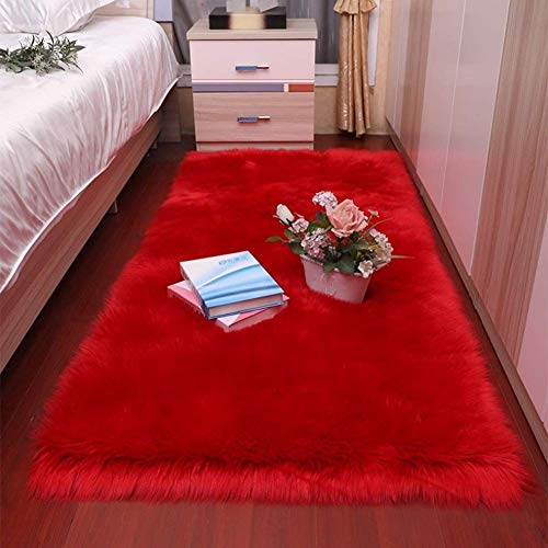 YIWOYI Schlafzimmer, flauschige Teppiche und Tapeten, weicher Schaffell-Teppich, Wohnzimmer, Schlafzimmer, weißer Kunstfell-Teppich (rot, 80 x 160 cm) von YIWOYI
