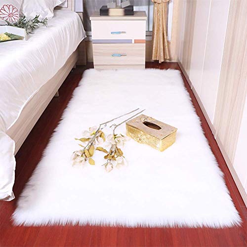 YIWOYI Schlafzimmerteppich, flauschiger Teppich und Tapete, weiches Schaffell-Teppich, Wohnzimmer, Schlafzimmer, weißer Kunstfell-Teppich (weiß, 60 x 180 cm) von YIWOYI